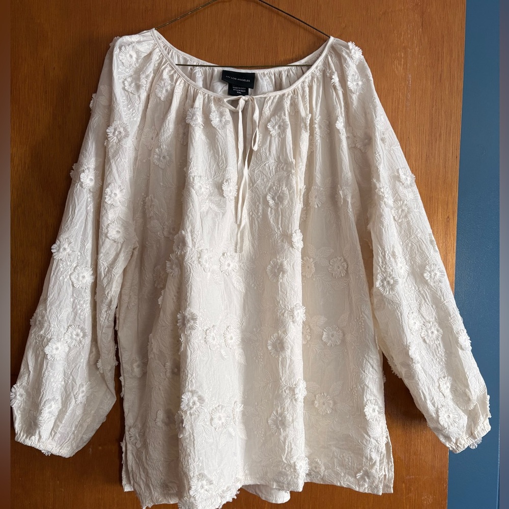 White Floral Embroidered Peasant Blouse - Women